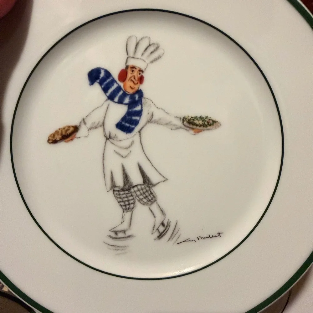 Guy Buffet Salad Plates Skating Chefs Whimsical Kitchen Set of 6 White multi